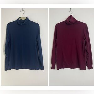 Lands' End Women's Bundle (2) Blue & Maroon Winter Essential Turtleneck Tops L